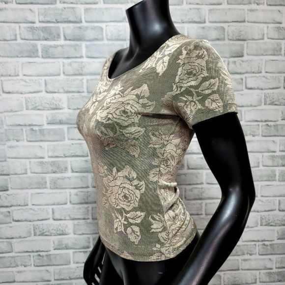 Vintage 90s Cache Womens S‎ Gold Rose Floral Stretchy Crop Top Short Sleeve - Picture 2 of 6